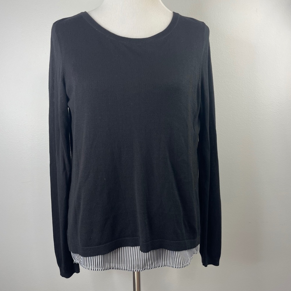 HM Womens Black Mixed Media Split Back Striped Layered Sweater Size M 0209503 1